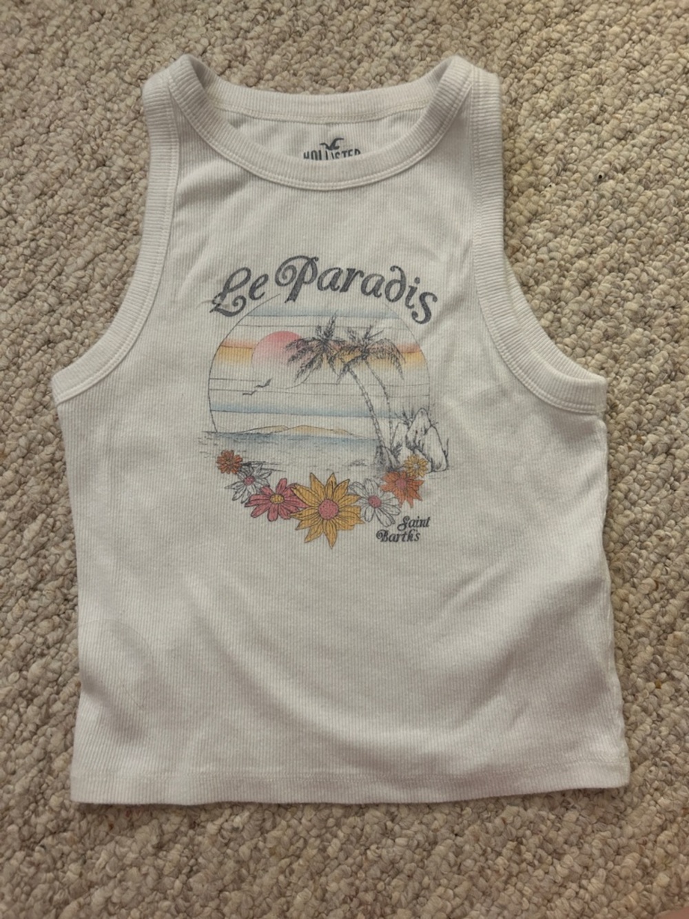 Hollister White Ribbed Tank with Pastel Tropical Graphic